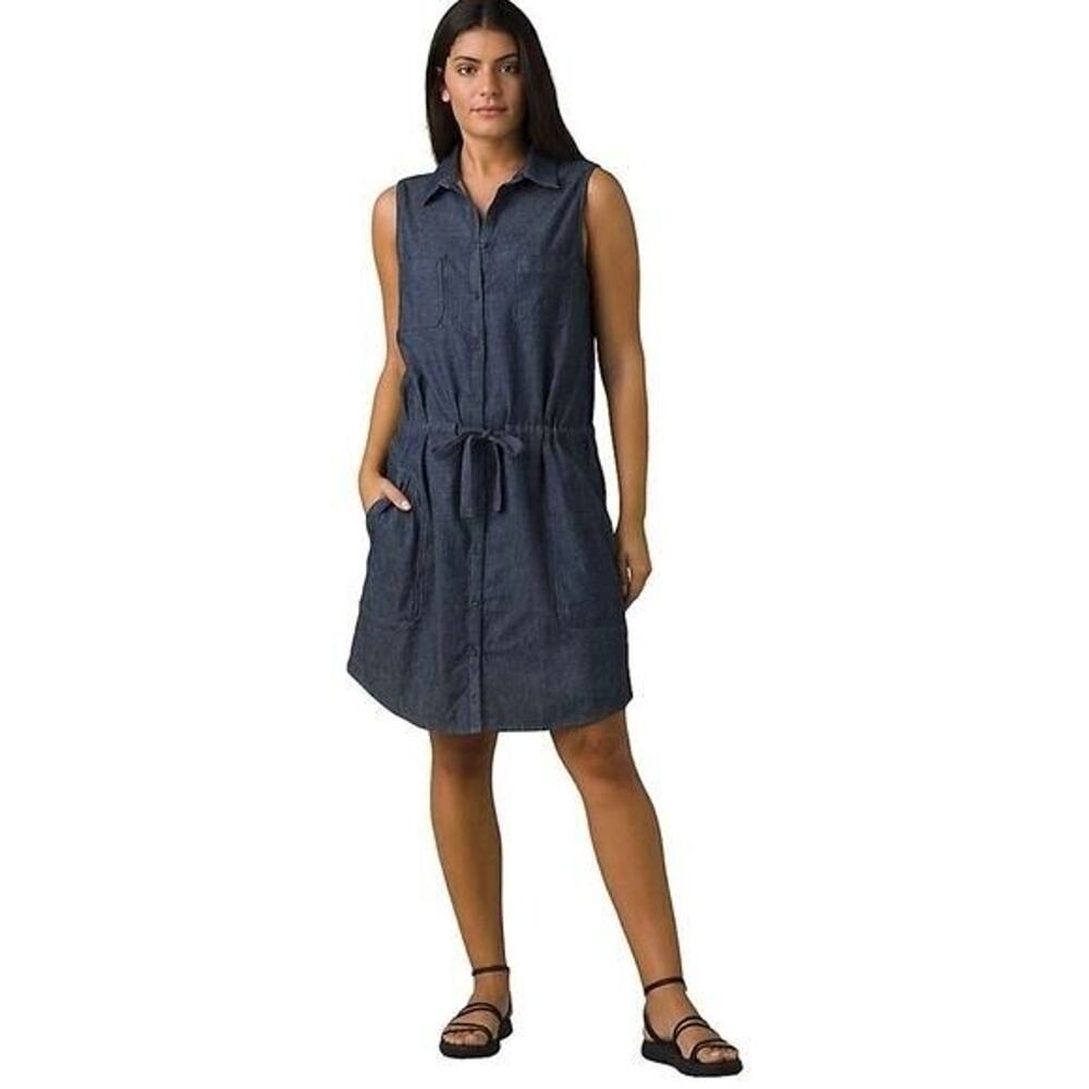 Prana Women's Sunrise Peak Dress Sz XS Deep Denim MIDI Jean collared tie front
